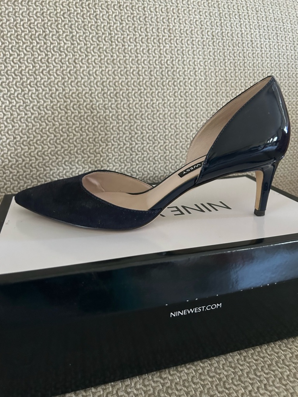 Nine West Navy Blue Patent and Suede D'Orsay Pointed Toe Heels